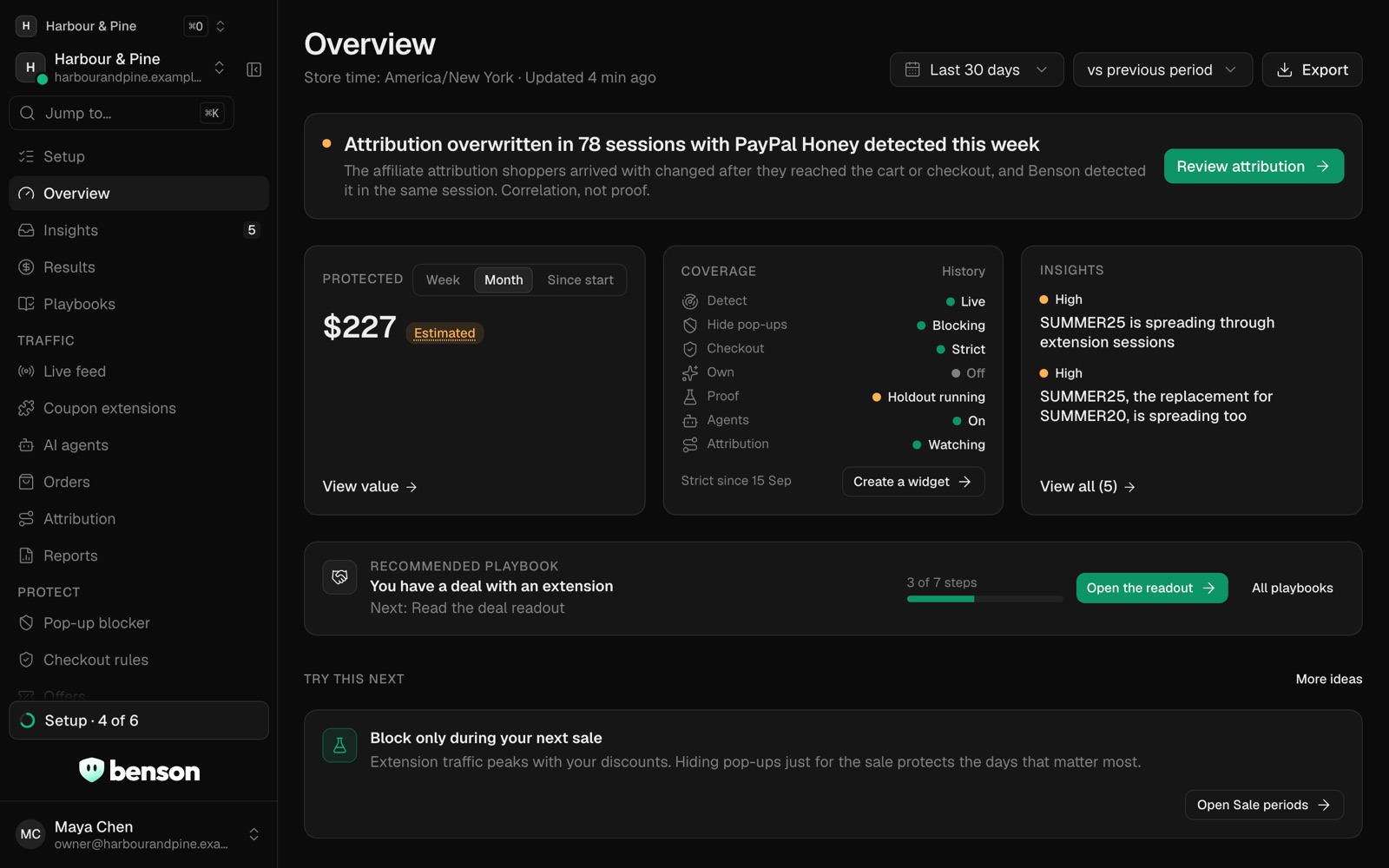 The Benson dashboard overview in a demo store, showing protected value, live controls and insights