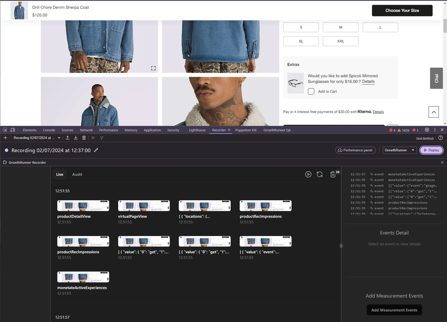 The GrowthRunner Recorder panel in Chrome DevTools beneath a product page, listing captured dataLayer events such as productDetailView and virtualPageView with screenshots, timestamps, an event log and a Replay button