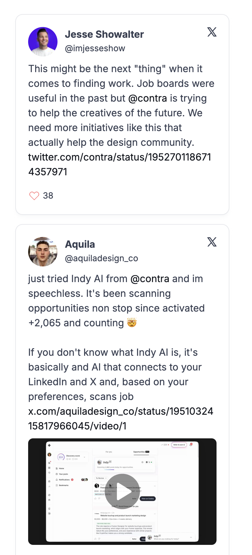 Freelancers' public posts on X about Indy AI, one describing it scanning more than 2,000 opportunities since activation