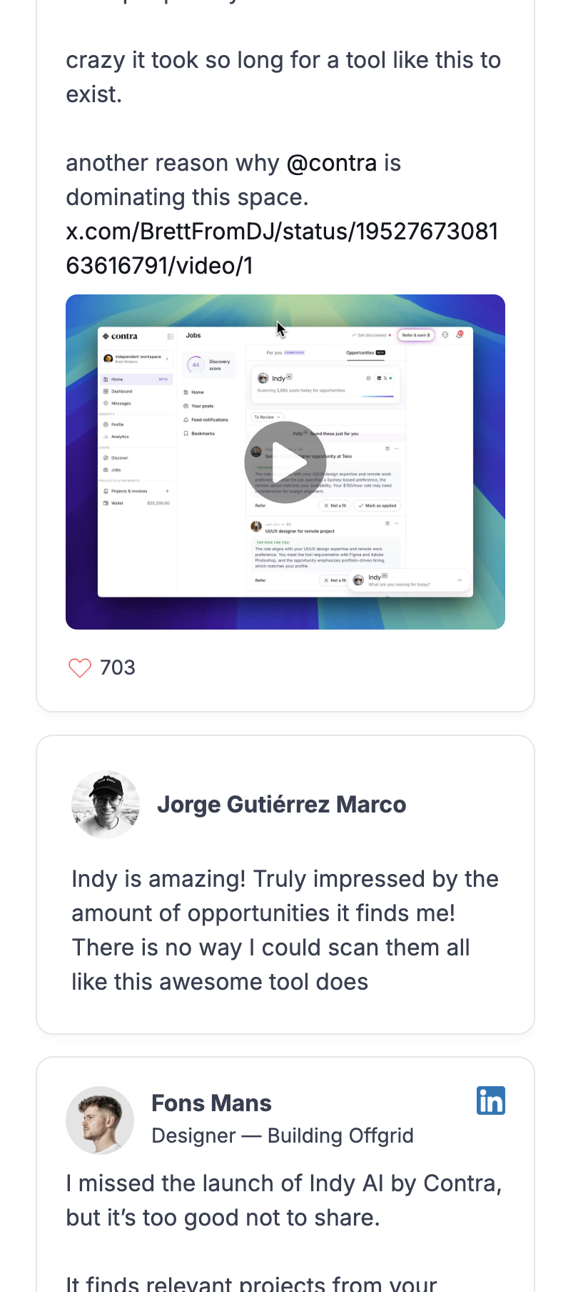 More public posts about Indy AI, including a screen recording of its opportunity feed inside Contra