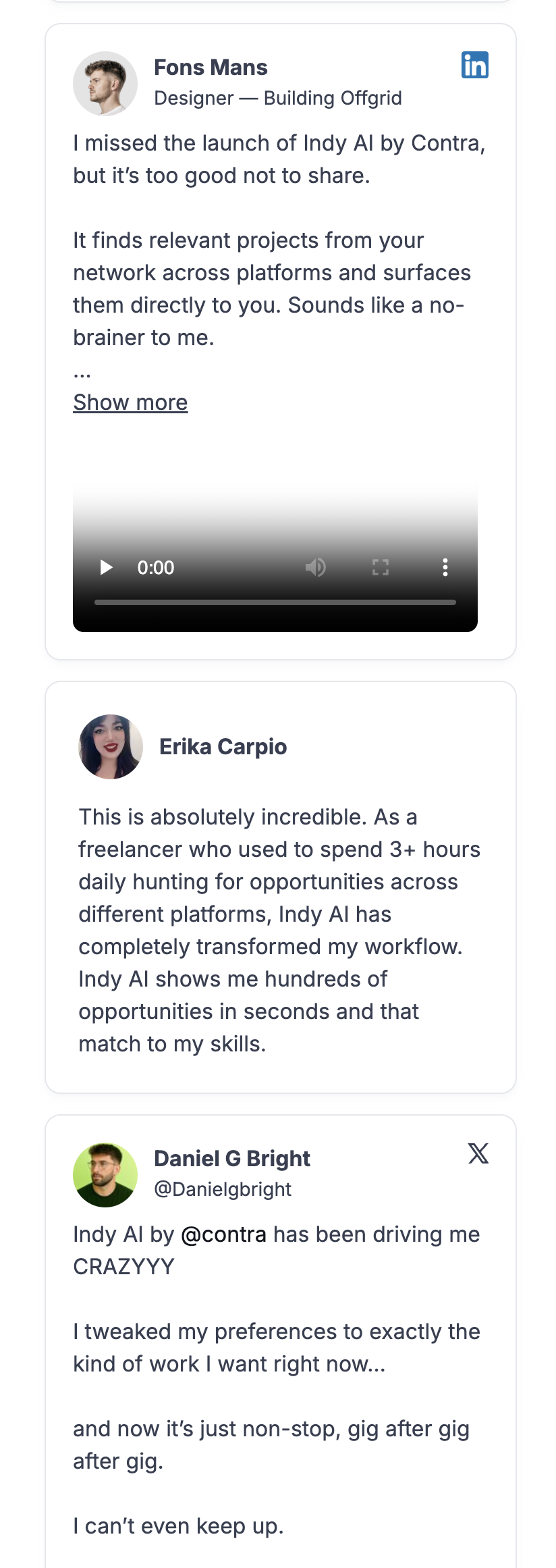 Freelancers' posts on LinkedIn and X about Indy AI finding relevant projects from their network