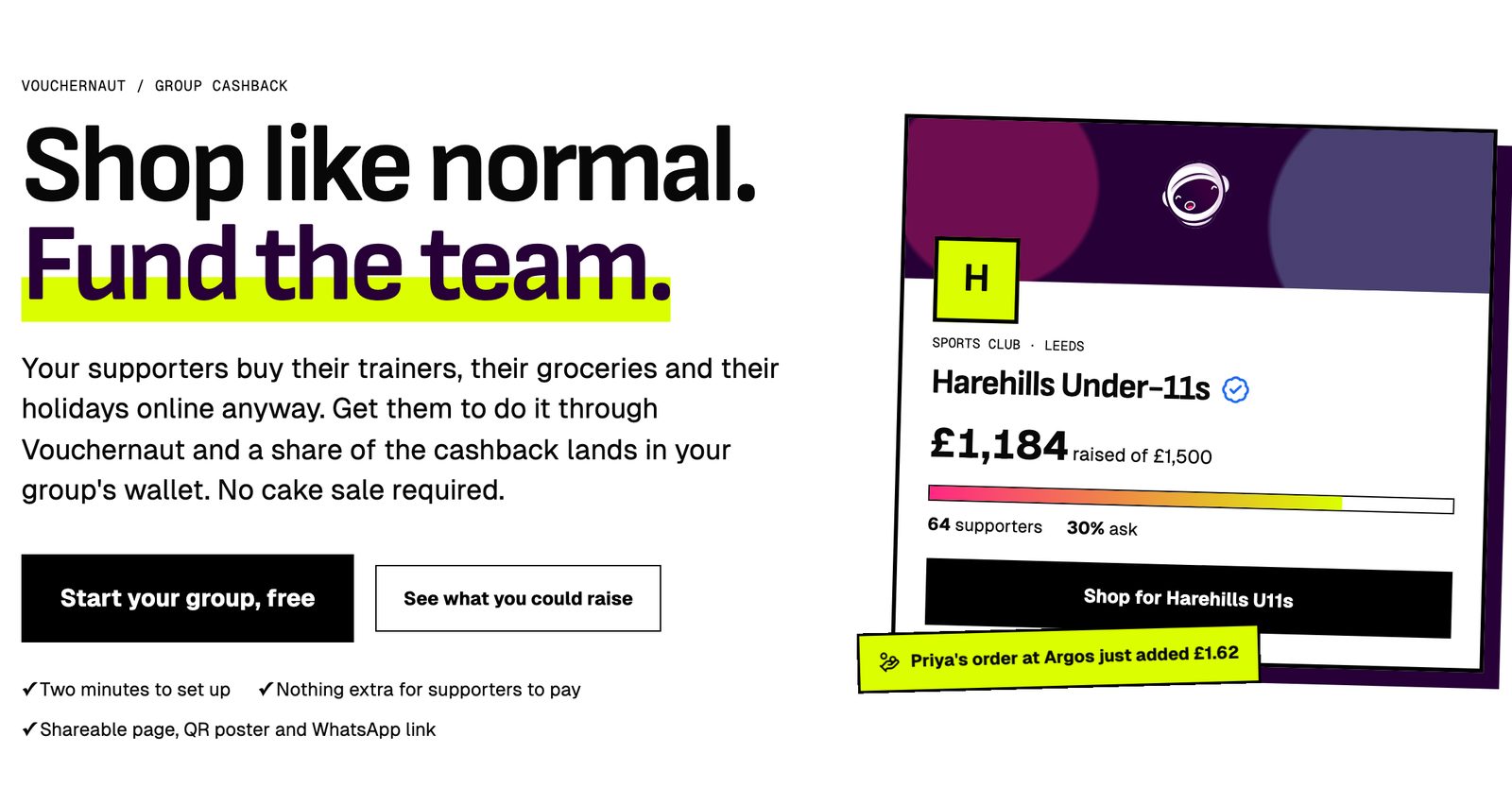 The group cashback page on Vouchernaut: Shop like normal. Fund the team, beside an example group card for an under-11s football team