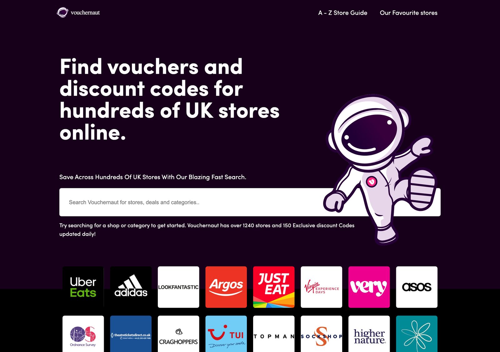 The Vouchernaut homepage on 26 November 2020: dark plum, a search box for UK stores and the astronaut mascot with a pink V on his chest