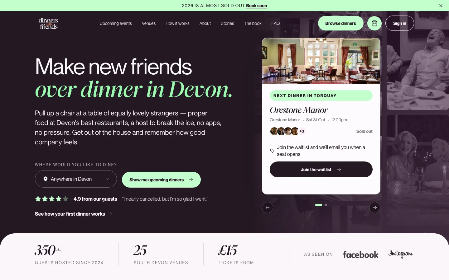 Dinners With Friends’ live community dining website with guest portraits and upcoming dinners
