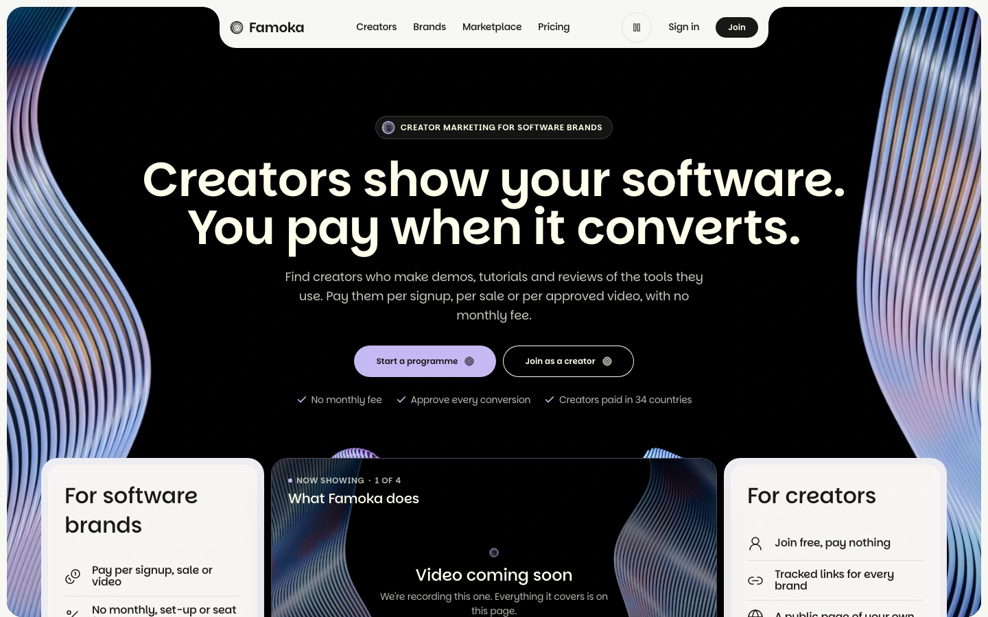Famoka’s colourful live homepage for brands and creators