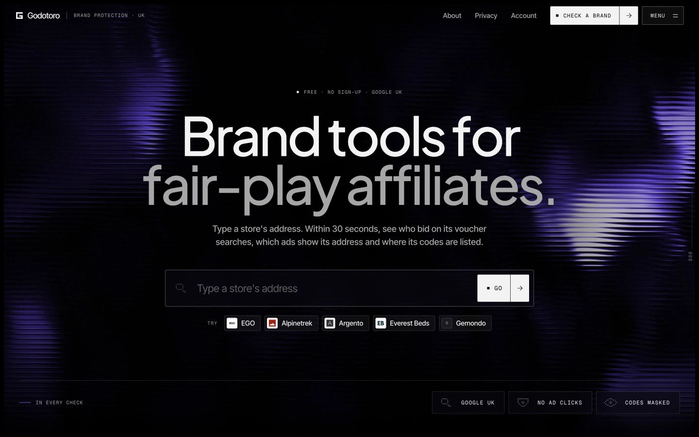 Godotoro’s live brand-protection website with its purple animated hero