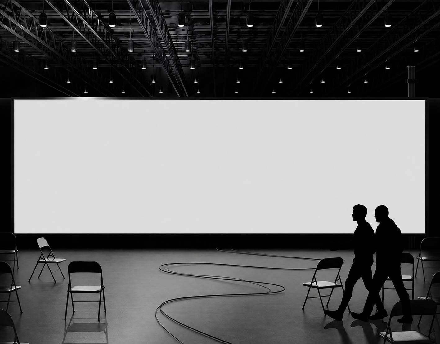 Exhibition hall with a blank neutral display, chairs and people preserved
